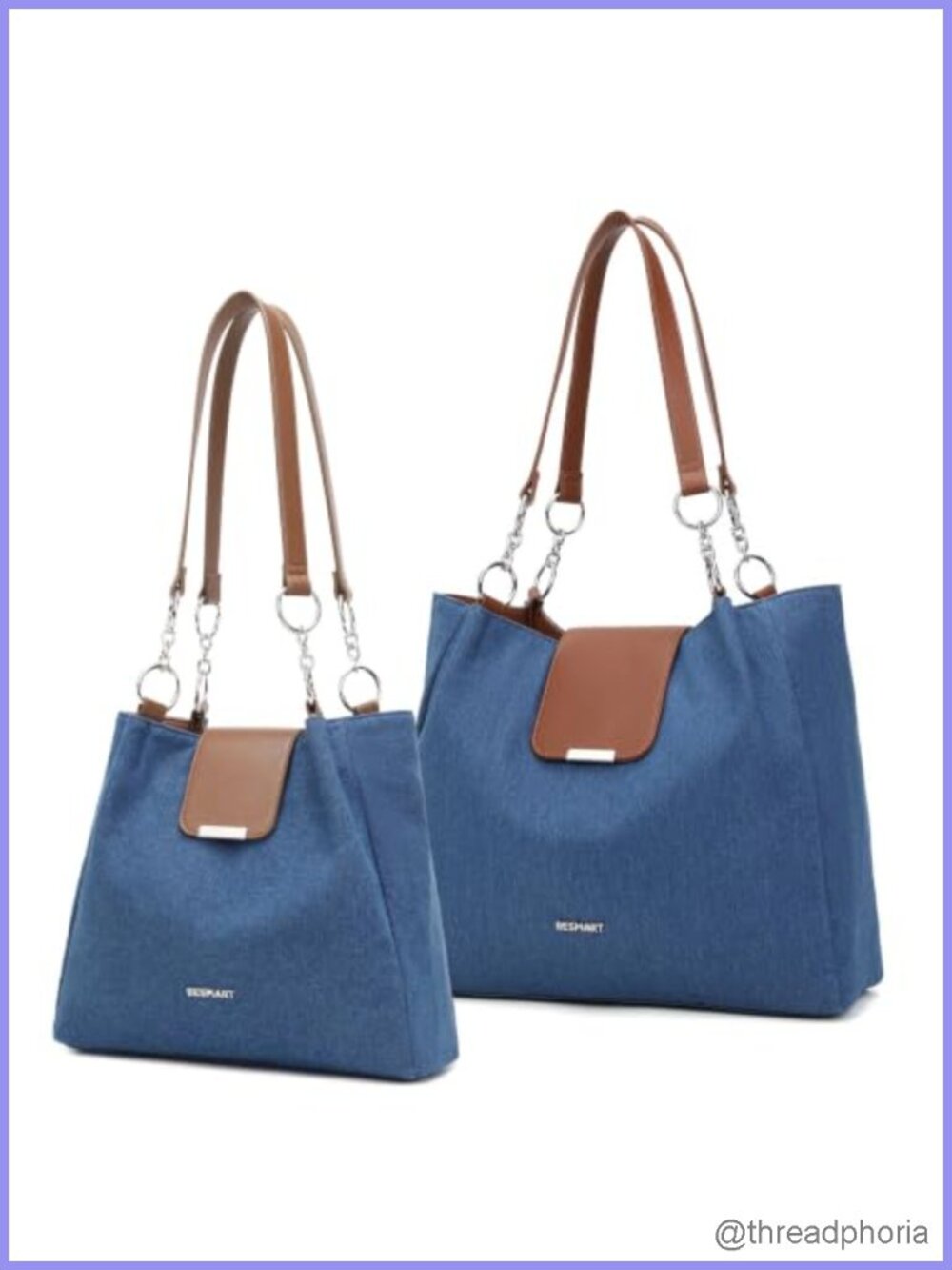 Denim Tote Bag with Circle Chain & PU Leather Strap Wear-Resistant